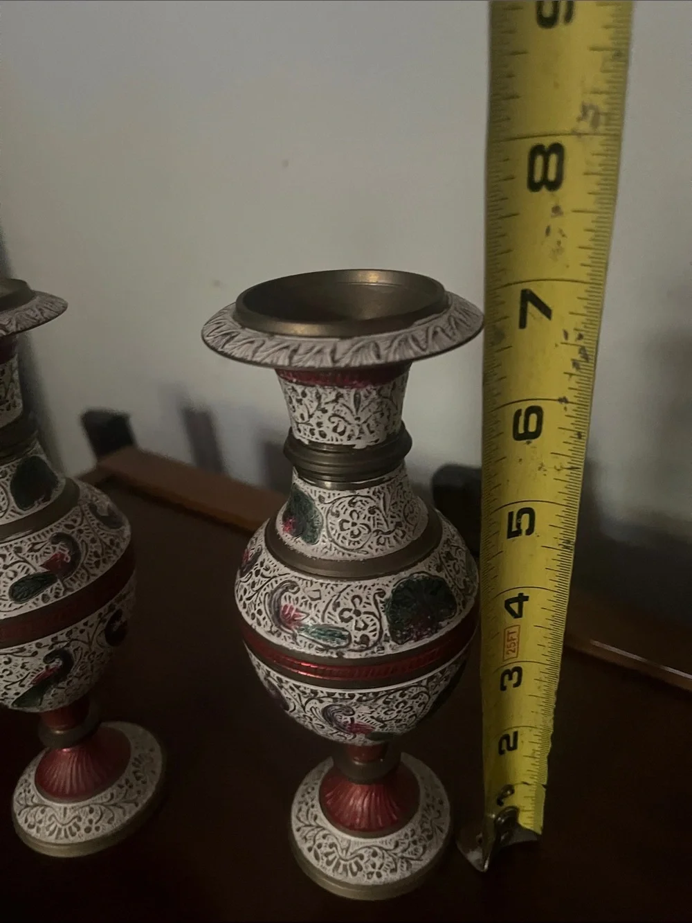 Decorative Red and White Floral Metal Vases - Set of 2